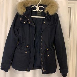 Brand new dark blue XS without tags ZARA fall coat with fur trim